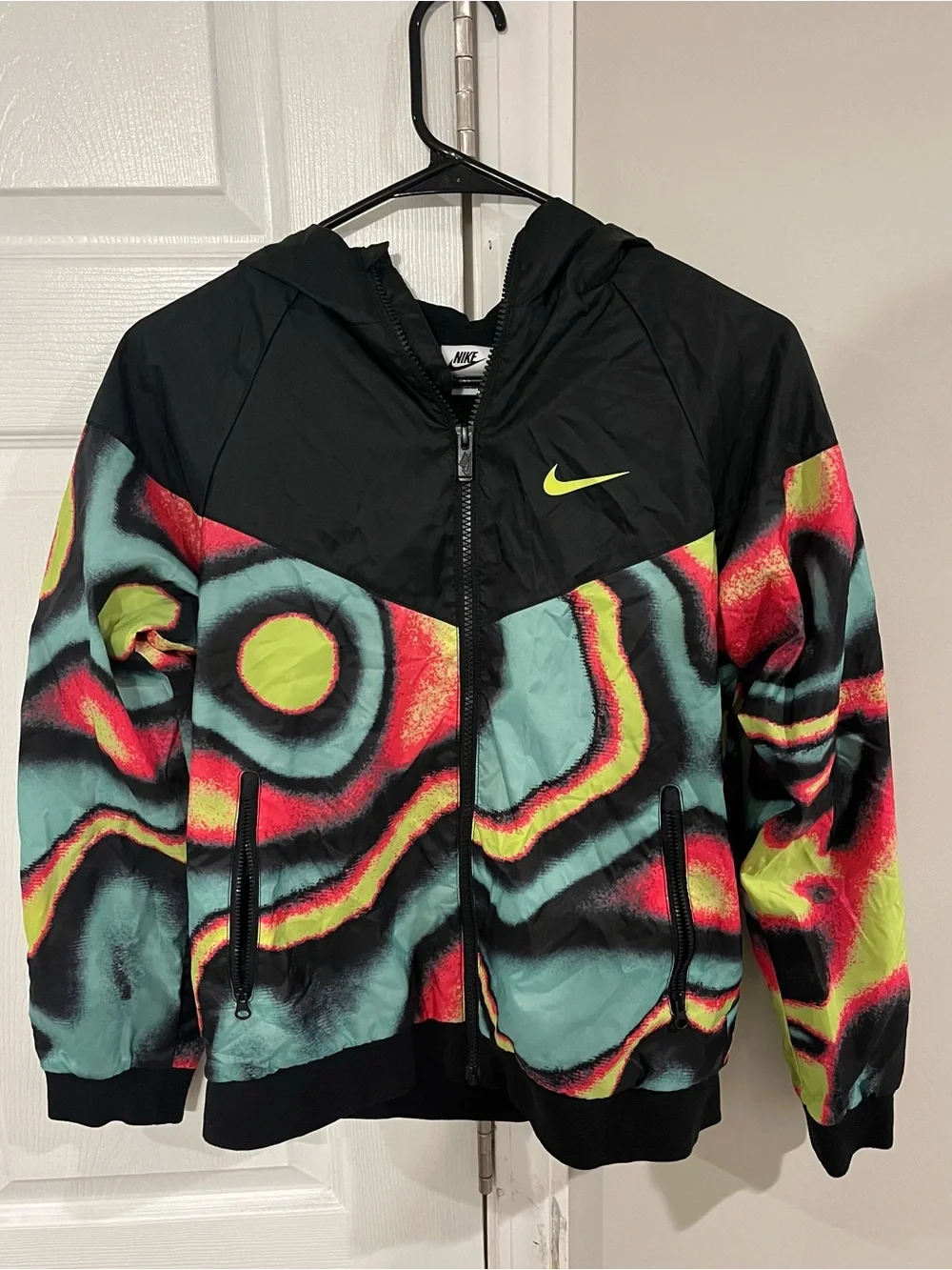 Nike Kids Black Windbreaker with Neon Yellow, Teal & Red Geo Print
